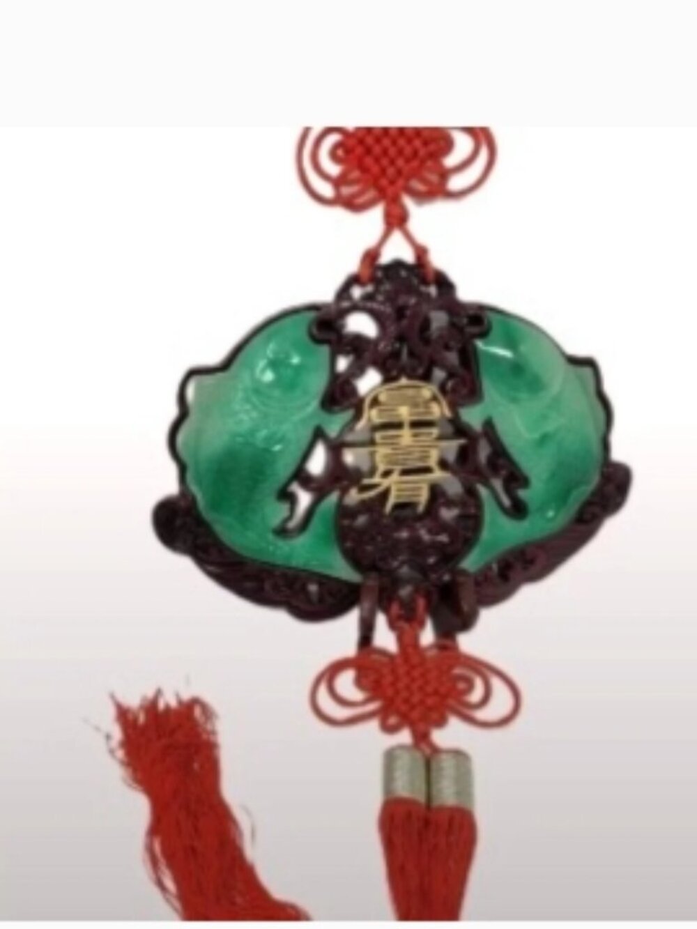 Vintage Chinoiserie Koi Fish Wall Hanging Faux Jade Medallion Red Tassel Boho Ho